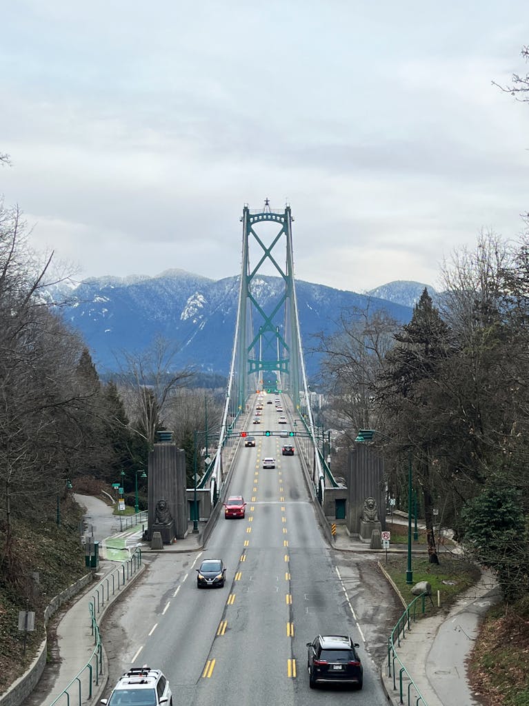Lions Gate Bridge with mountain backdrop in Vancouver, British Columbia.