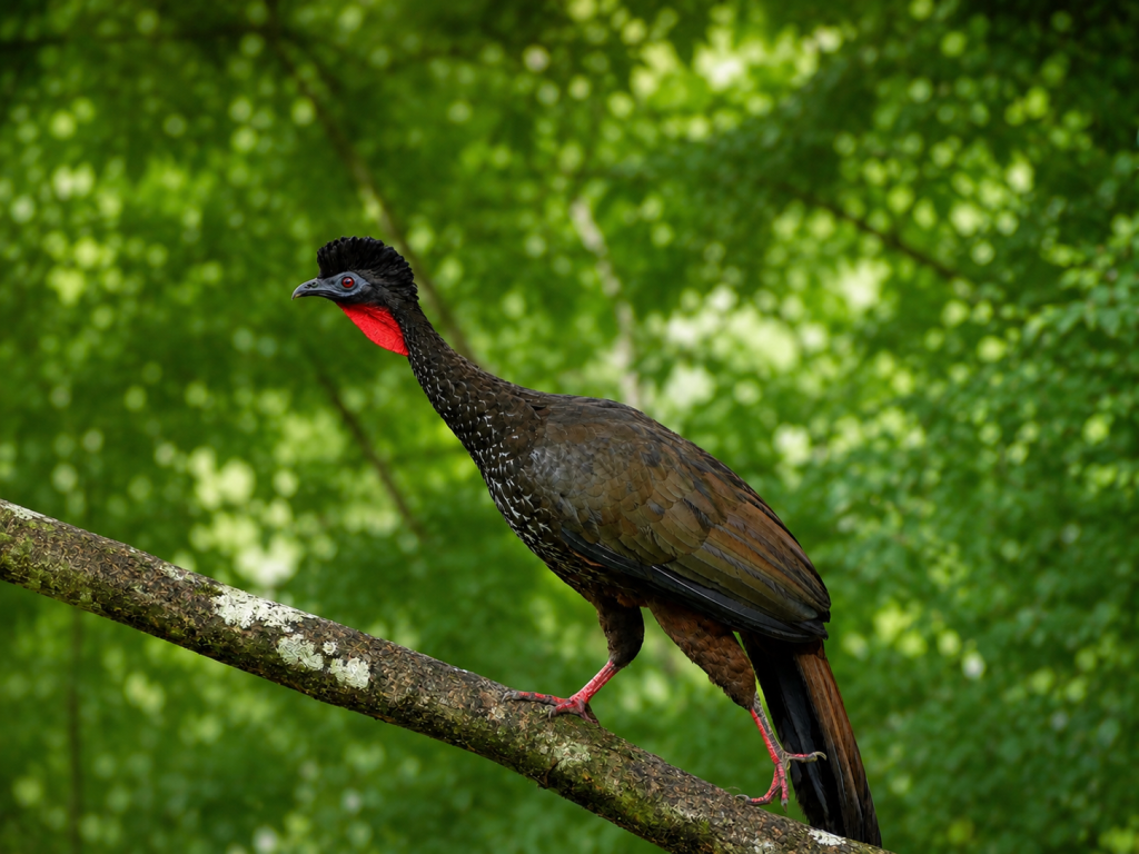A Crest Guan at Volcan Arenal walks up the a thick banch to get a better vantage of the feeders at Arenal Observatory Lodge. The Red wattle sticks out imeadiately with a turkey-like body. The pale blue facial patch, red eye and crest are the next items you notice.