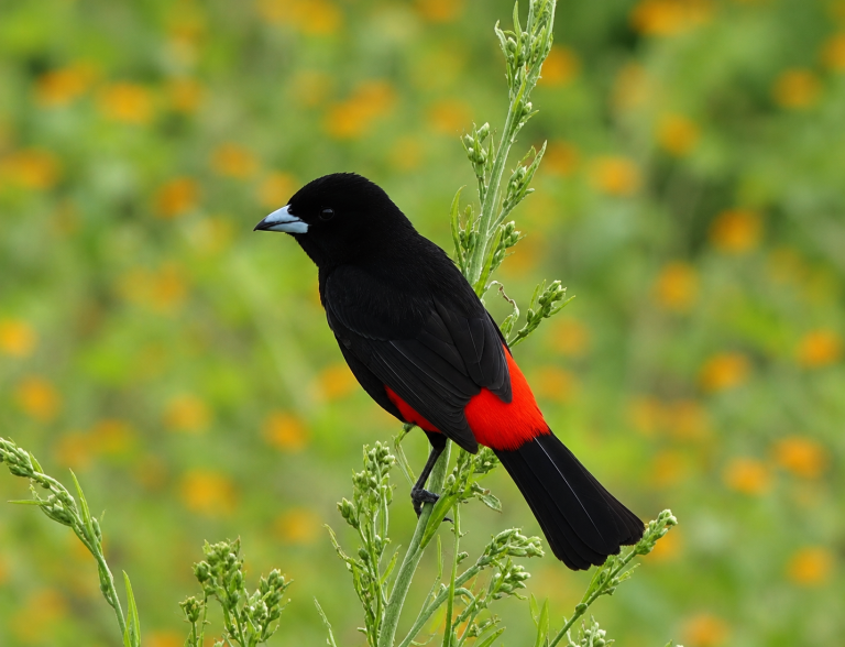 This striking Scarlet-rumped Tananger was in the feild showing off its assets of bright red. and deep black.